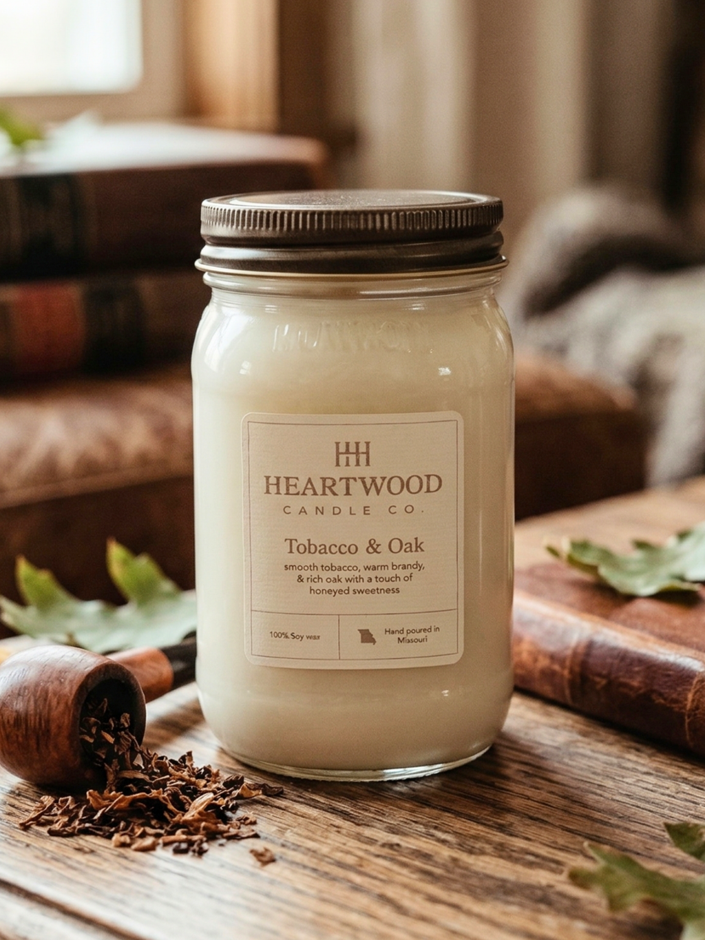 Tobacco & Oak | Mason Jar Soy Wax Candle | Clean Burning