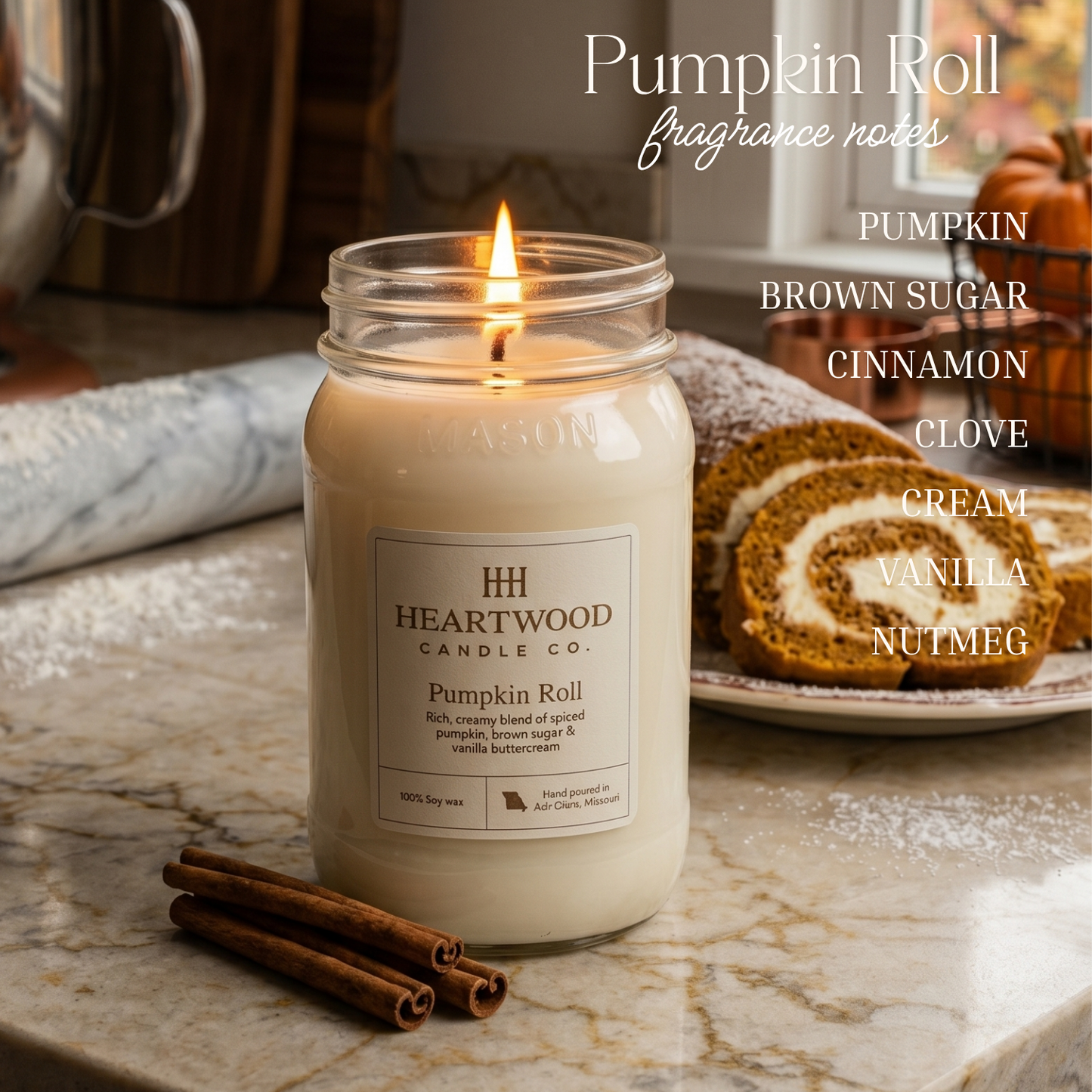 Pumpkin Roll | 16oz Mason Jar Soy Wax Candle | Clean Burning