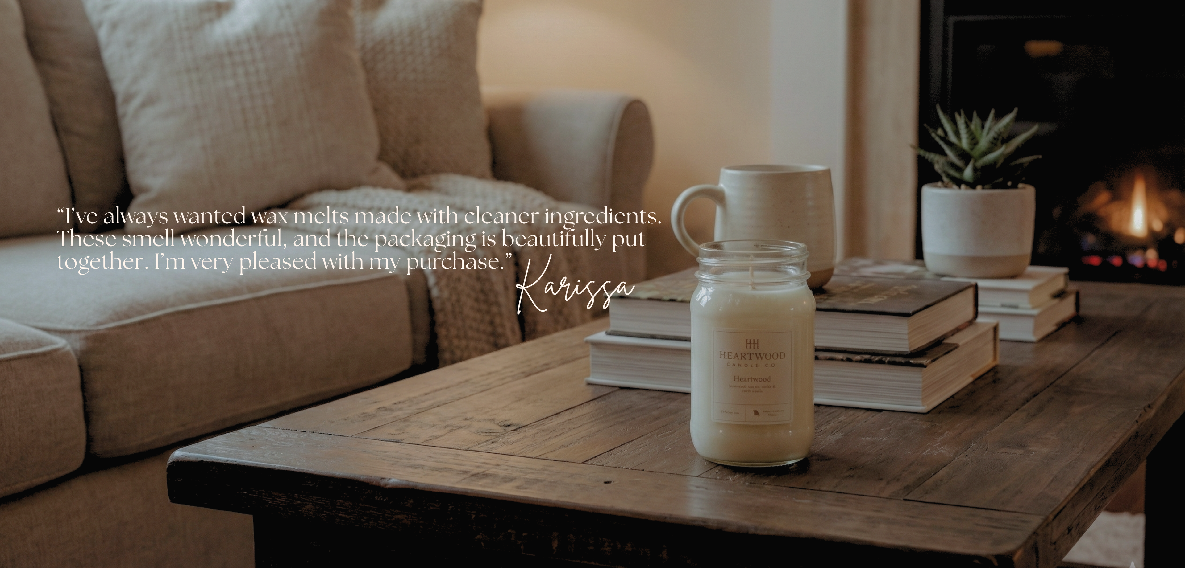 Heartwood House clean non-toxic candle featured with a customer testimonial highlighting long burn time, strong scent throw, and safe home fragrance ingredients