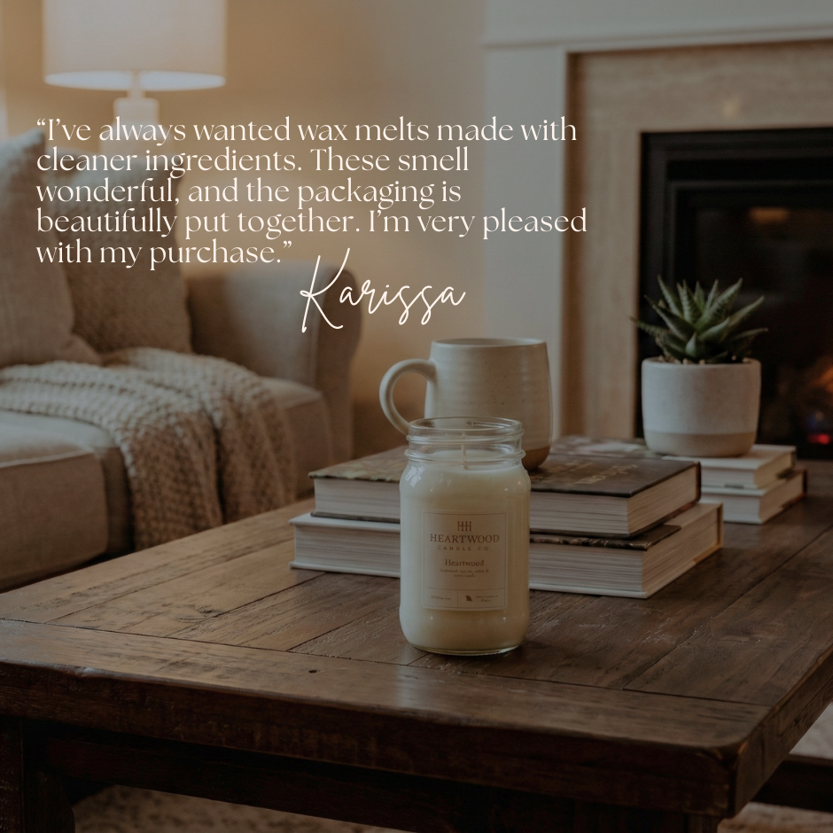 Customer testimonial for Heartwood House clean-burning soy candles made with phthalate-free fragrance oils.